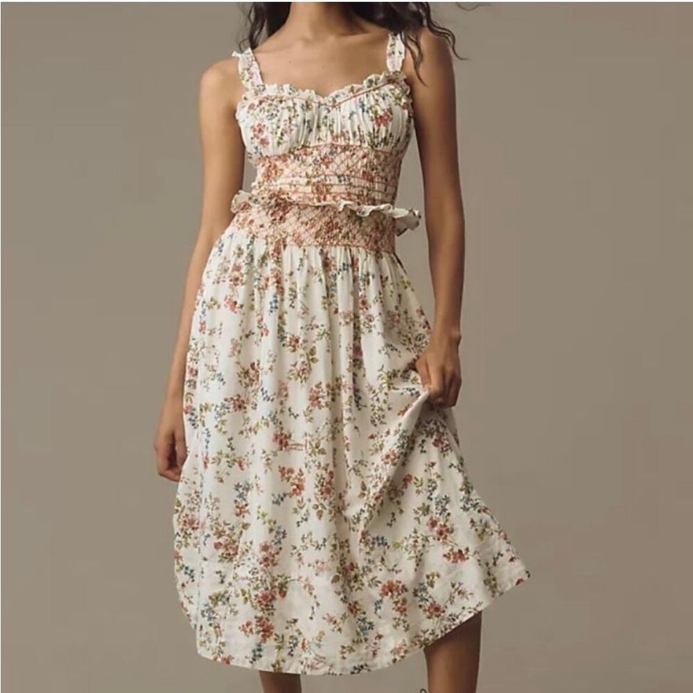 By Anthropologie Sleeveless Smocked-Waist Ruffled Floral Midi Dress Size Small